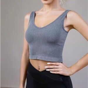Lemonsky Butter Soft Blue/Gray Ribbed Crop Top Size Large NWT